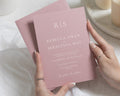Rose Pink Wedding Invitations with Matching Envelopes, Minimalist Monogram Wedding Invites, Elegant Typography, Personalised Wedding Suite