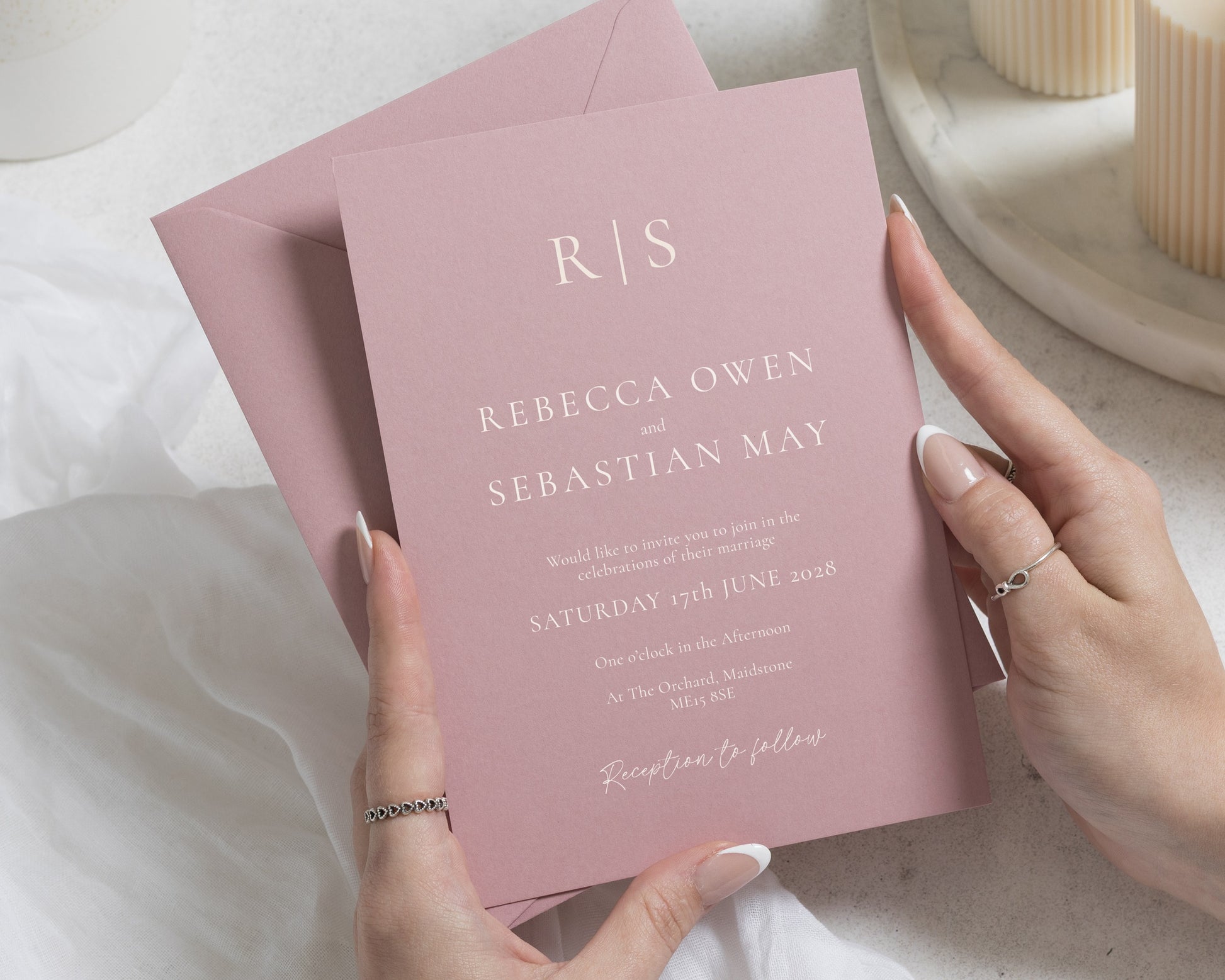Rose Pink Wedding Invitations with Matching Envelopes, Minimalist Monogram Wedding Invites, Elegant Typography, Personalised Wedding Suite