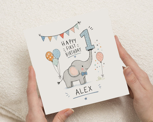1st Birthday Card, First Birthday Card, Personalised Birthday Card, Elephant Birthday Card, Birthday Card for Boy, Birthday Card for Girl