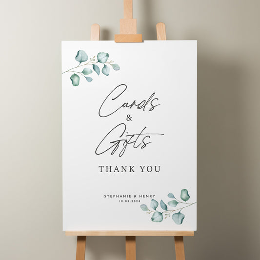 Eucalyptus Wedding Cards And Gifts Sign, Wedding Gift Sign, Wedding Sign For Cards And Gifts, Personalised Modern Wedding Sign &#39;Stephanie&#39;