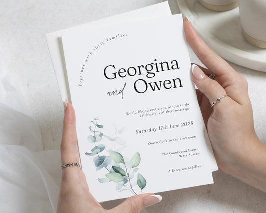 Greenery Wedding Invitations, Minimal Botanical Wedding Invite, Elegant Eucalyptus Wedding Stationery, Personalised Invitation Suite