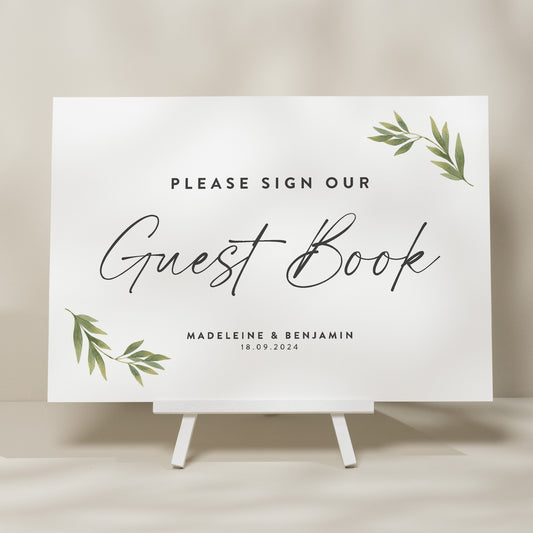 Personalised Greenery Guest Book Sign, Guest Wedding Sign, Minimalist Sign Our Guest Book, Botanical Wedding Signage &#39;Madeleine&#39;