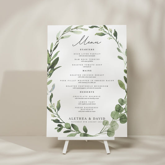 Botanical Wedding Menu Sign, Eucalyptus Sign, Food Menu Wedding Sign, Food Menu Sign For Wedding, Simple Design &#39;Alethea&#39;