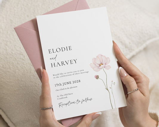 Blush Pink Floral Wedding Invitations, Elegant Wildflower Wedding Invite, Botanical Invitation Suite, Personalised Wedding Stationery