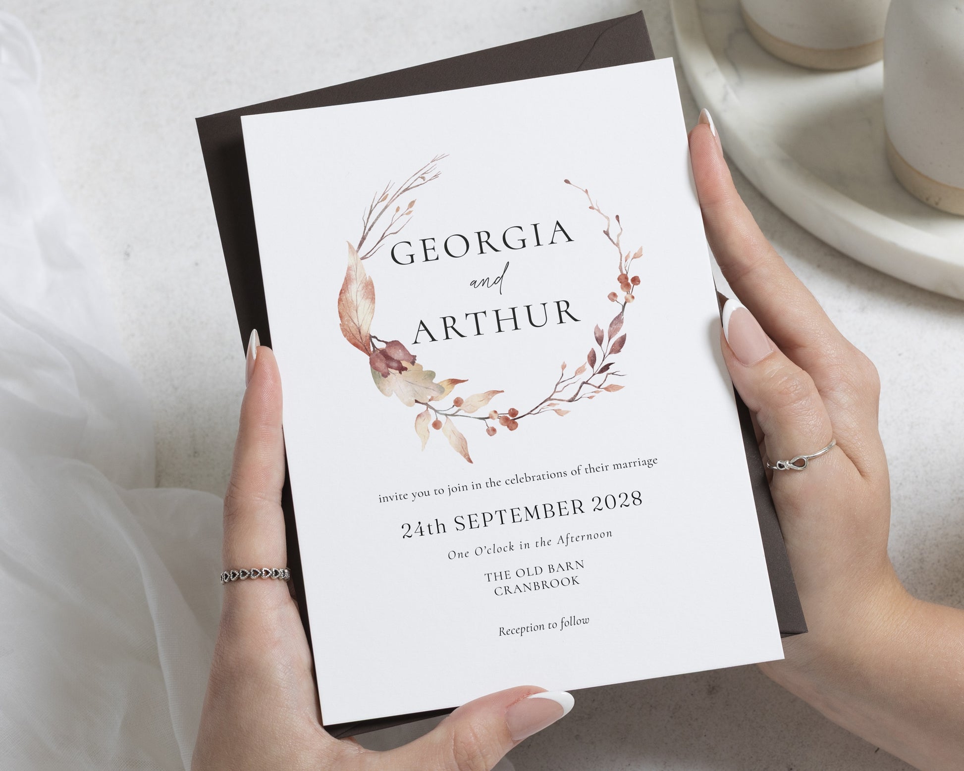 Autumn Wedding Invitations, Rustic Floral Wedding Invite, Brown Botanical Personalised Wedding Invitation Suite, Elegant Invite Set