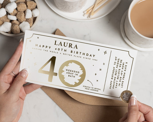 Personalised 40th Birthday Gift Voucher, Weekend Away Reveal, Gold Foil Scratch Card, Custom Birthday Gift for Her