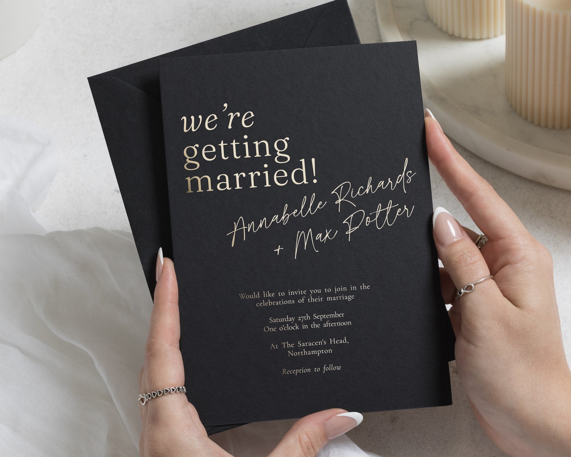 Black Wedding Invitations with Gold Foil, Modern Typography Wedding Invite, Personalised Foil Wedding Invitation, Luxury Invite