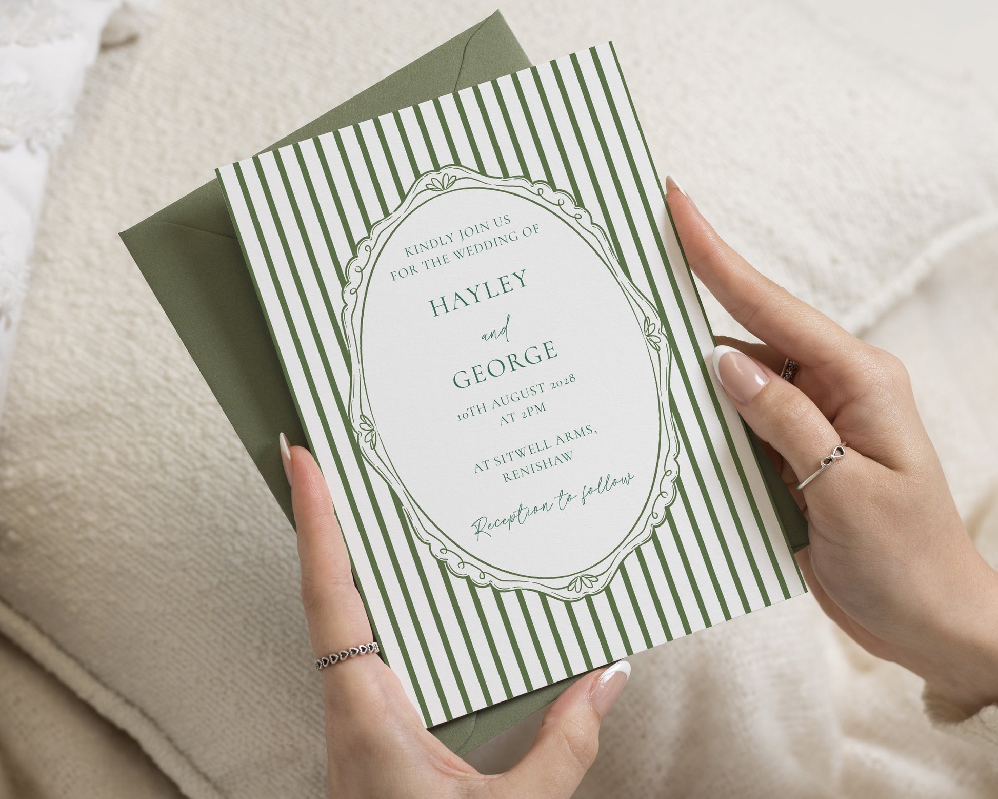 Green Stripe Wedding Invitations, Sage Green Wedding Invite, Elegant Classic Invitation Suite, Personalised Wedding Stationery