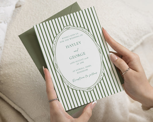 Green Stripe Wedding Invitations, Sage Green Wedding Invite, Elegant Classic Invitation Suite, Personalised Wedding Stationery