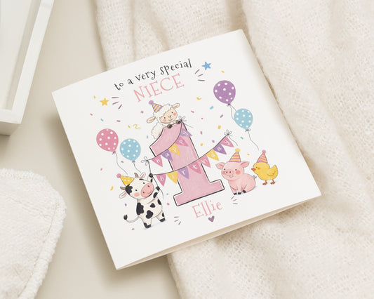 1st Birthday Card for Niece, First Birthday Card for Girl, Personalised Birthday Card, Cute Farm Animal Birthday Card for Her