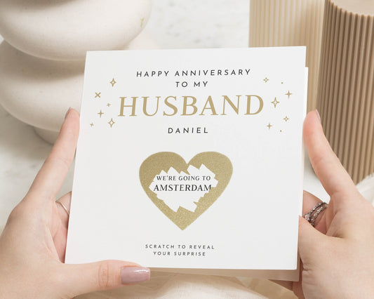 Anniversary Card for Husband, Husband Anniversary Card, Personalised Scratch Reveal Card, Surprise Trip Card, Romantic Card for Him