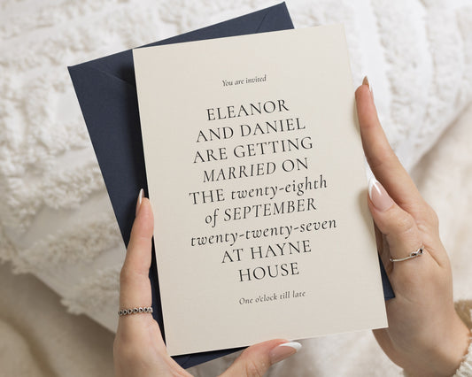 Ivory Wedding Invitations with Navy Envelopes, Minimalist Wedding Invites, Elegant Typography, Personalised Invitation Suite