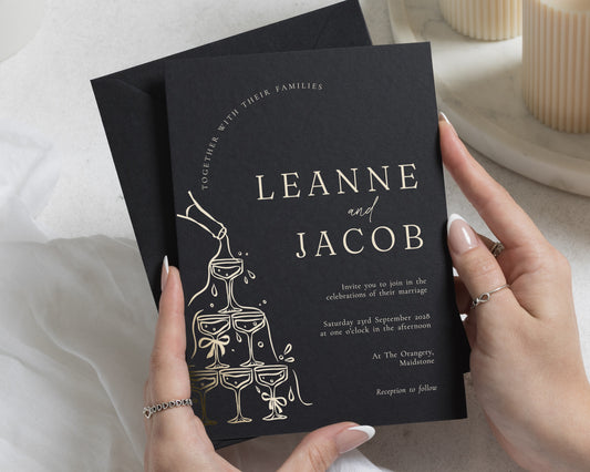 Gold Foil Wedding Invitations, Black Champagne Tower Wedding Invite, Elegant Party Invitation, Personalised Wedding Stationery