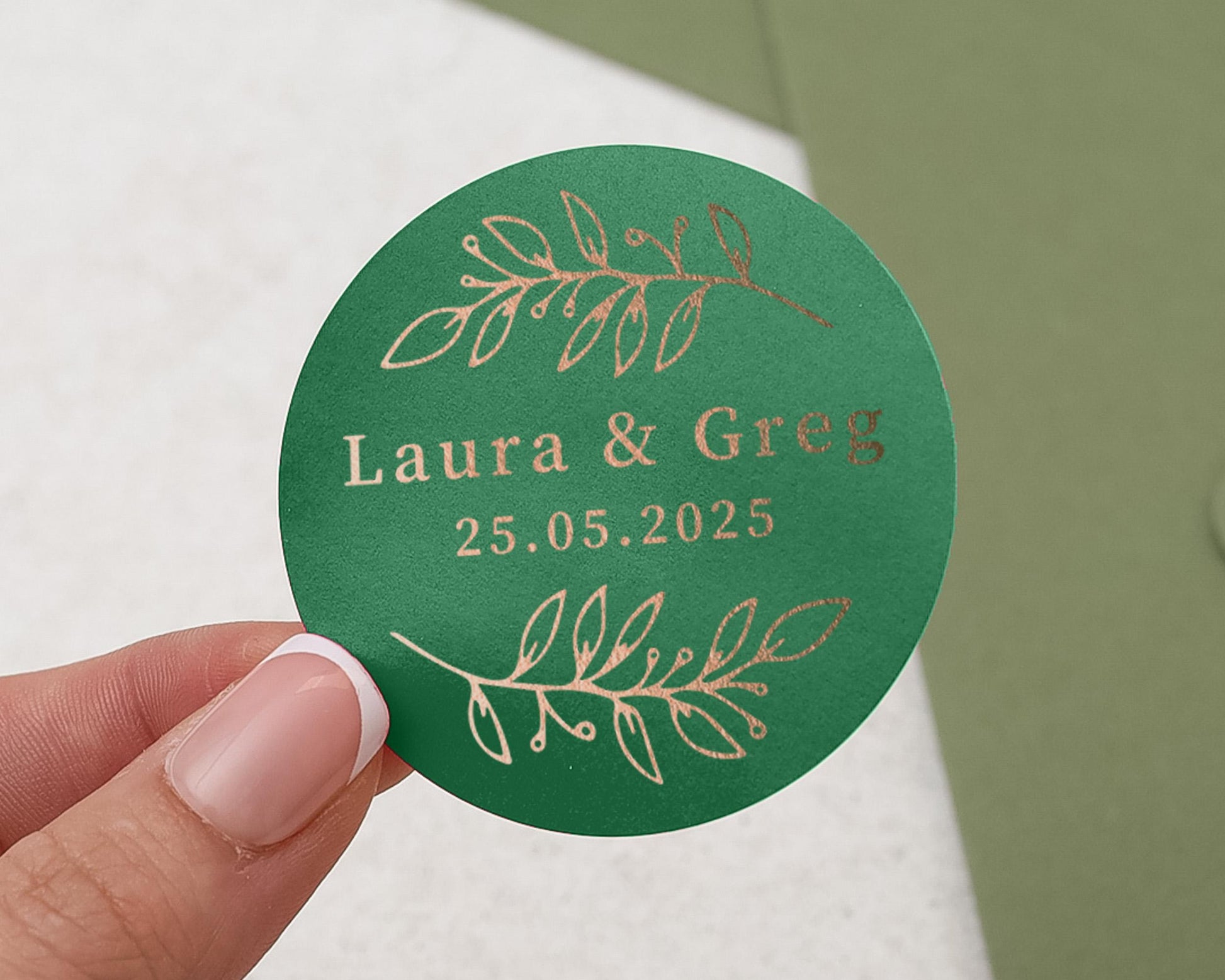 Personalised Wedding Sticker, Green Gold Foil Custom Name Date, Envelope Seal, Wedding Favour Label, Elegant Wedding Sticker