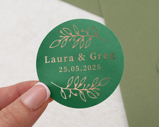 Personalised Wedding Sticker, Green Gold Foil Custom Name Date, Envelope Seal, Wedding Favour Label, Elegant Wedding Sticker