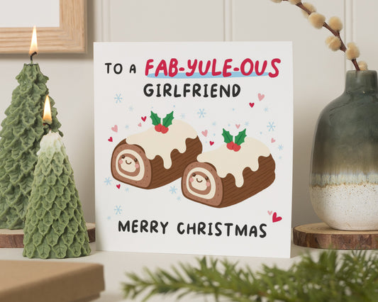 Christmas Card for Girlfriend, Funny Christmas Card for Her, Cute Yule Log Card, Fab Yuleous Card, Personalised Xmas Card