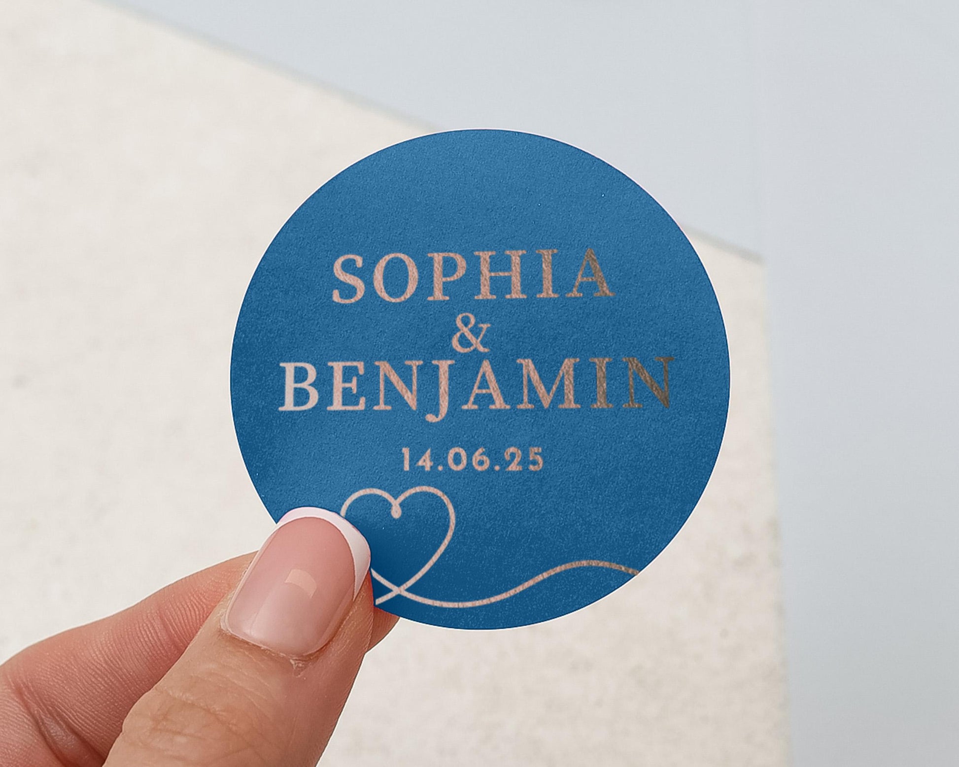 Personalised Wedding Sticker, Custom Name Date Sticker, Blue Gold Foil Wedding Label, Engagement Sticker, Wedding Favour Label