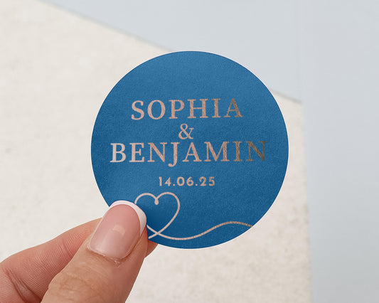 Personalised Wedding Sticker, Custom Name Date Sticker, Blue Gold Foil Wedding Label, Engagement Sticker, Wedding Favour Label