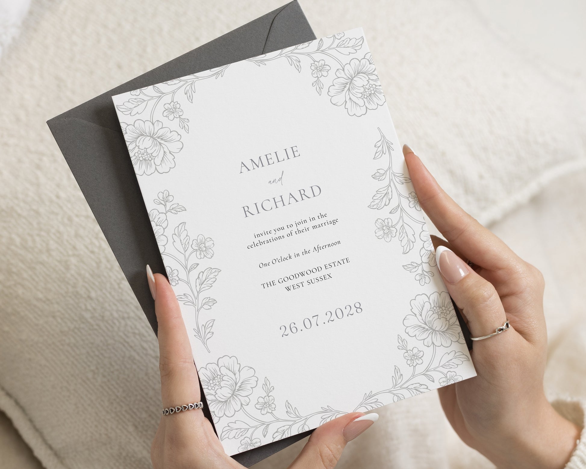 Grey Floral Wedding Invitations, Elegant Botanical Wedding Invite, Minimalist Black and White Personalised Wedding Invitation Suite