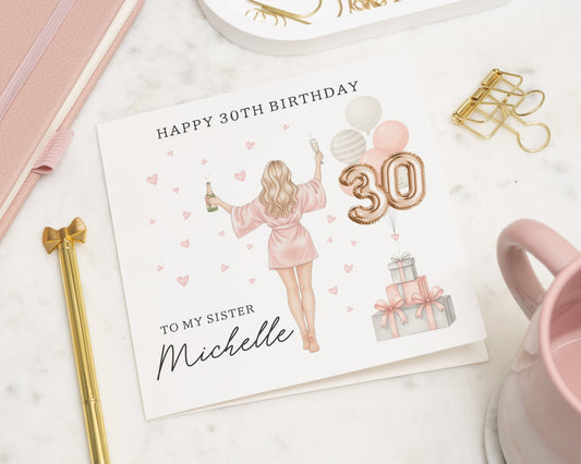30th Birthday Card for Sister, Personalised Birthday Card for Her, Champagne Birthday Card, Balloon Birthday Card, Gift Card