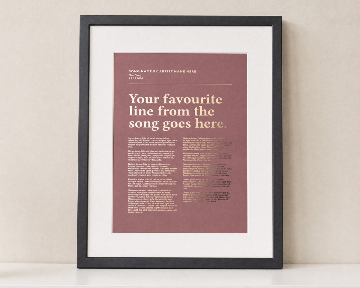 Personalised Gold Foil Song Lyric Print, Dusty Pink Wall Art, Anniversary Gift, Wedding Gift, Gift for Couple, Bedroom Wall Art