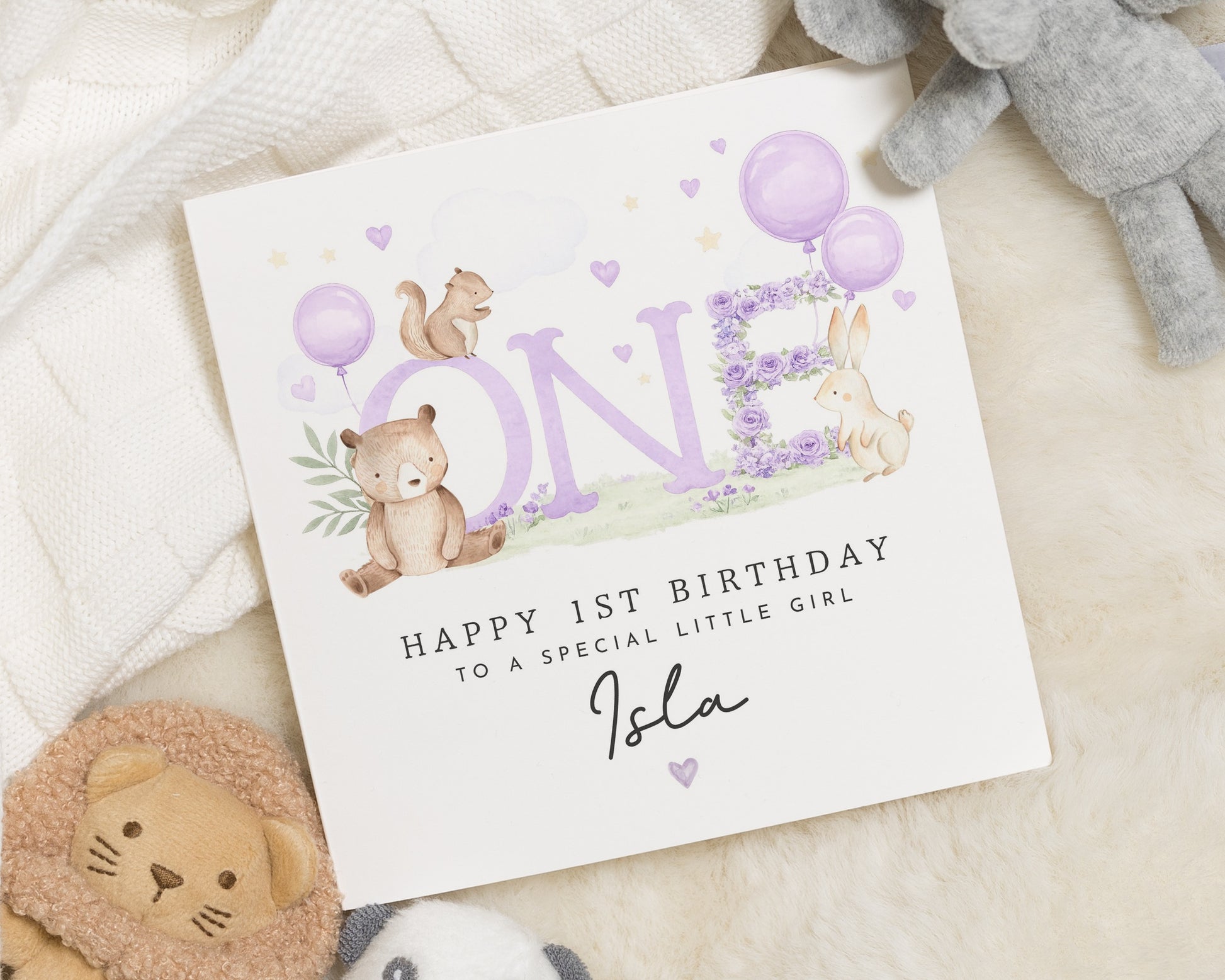1st Birthday Card for Girl, Personalised Woodland Birthday Card, Cute Animal Card, Birthday Card Daughter