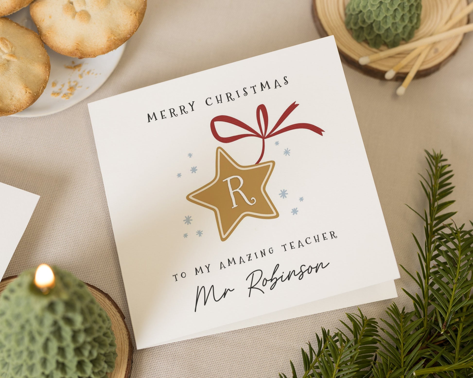 Christmas Card for Teacher, Personalised Teacher Christmas Card, Merry Christmas Teacher Card, Custom Name Card, Star Christmas Card