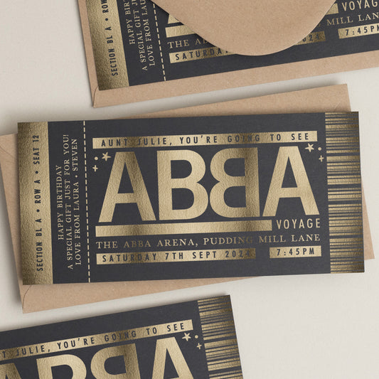 ABBA Voyage Gig Ticket Foil Gift Voucher, Christmas Gift Voucher, Personalised Reveal Gift, Scratch To Reveal, Gig Ticket