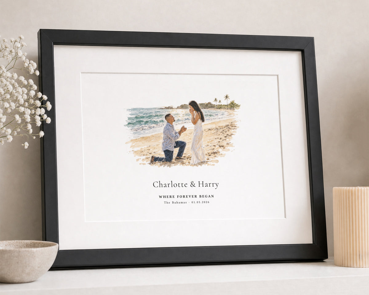 Personalised Proposal Print, Engagement Gift for Couple, Wedding Keepsake Wall Art, Beach Illustration, Custom Date Location Print