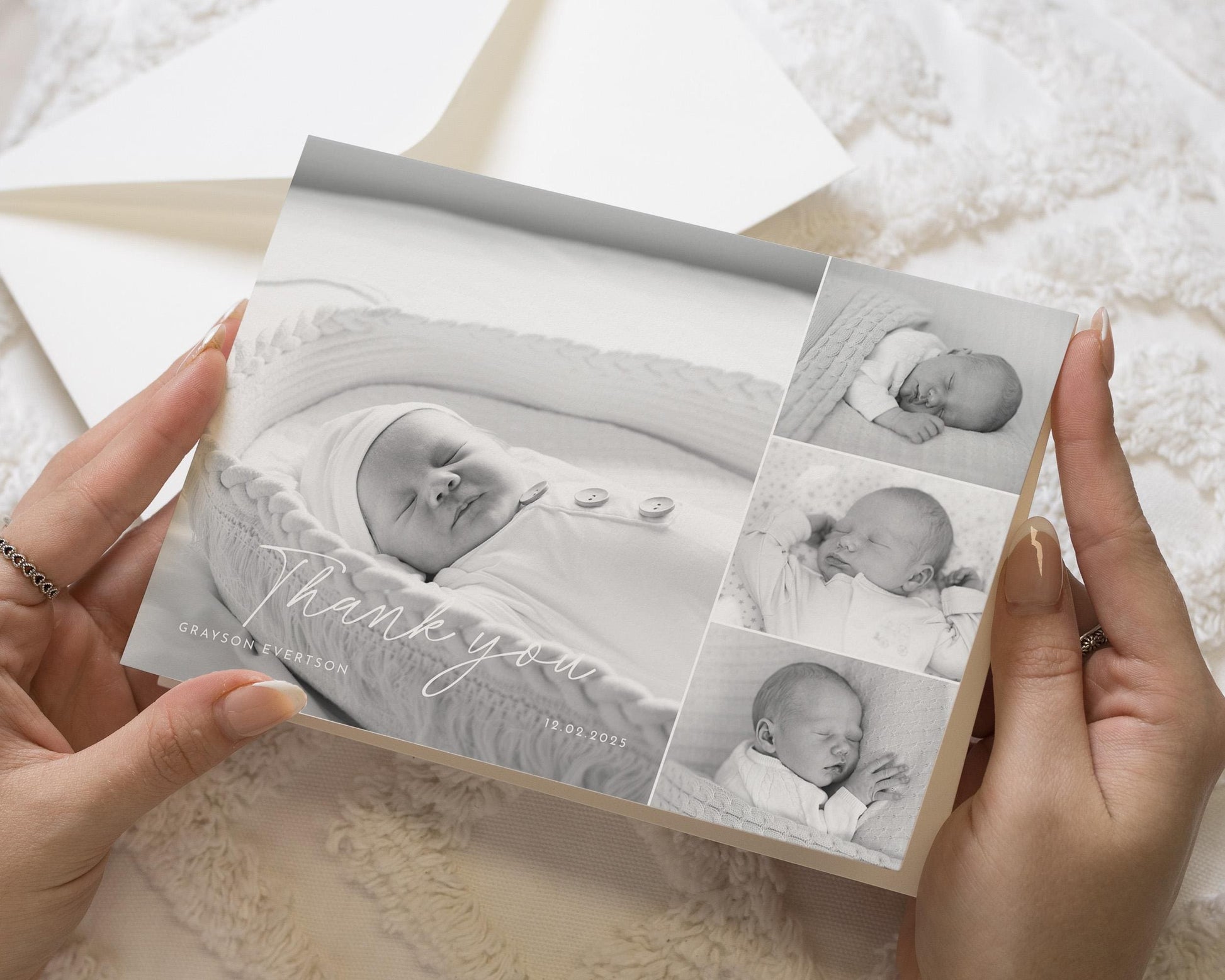 Black & White Photo Thank You Cards, New Baby Girl Photo Thank You Cards, Baby Personalised Thank You Card, New Baby Boy Announcement Cards
