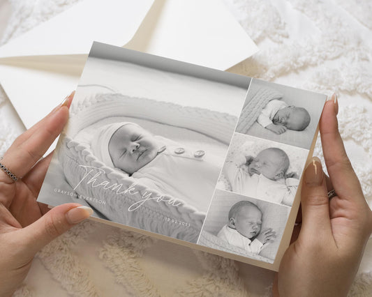 Black & White Photo Thank You Cards, New Baby Girl Photo Thank You Cards, Baby Personalised Thank You Card, New Baby Boy Announcement Cards