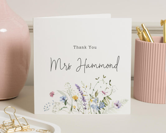 Thank You Card for Teacher, Personalised Thank You Card, Floral Thank You Card, Thank You Card for Her, Custom Teacher Card