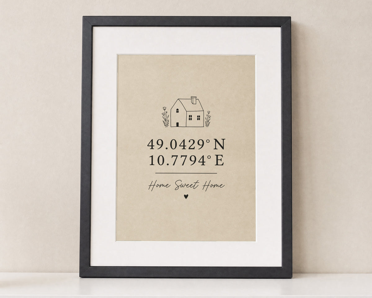 Personalised Coordinates Print, New Home Gift, Ivory Wall Art, House Warming Gift, Home Sweet Home Print, Black Framed Print