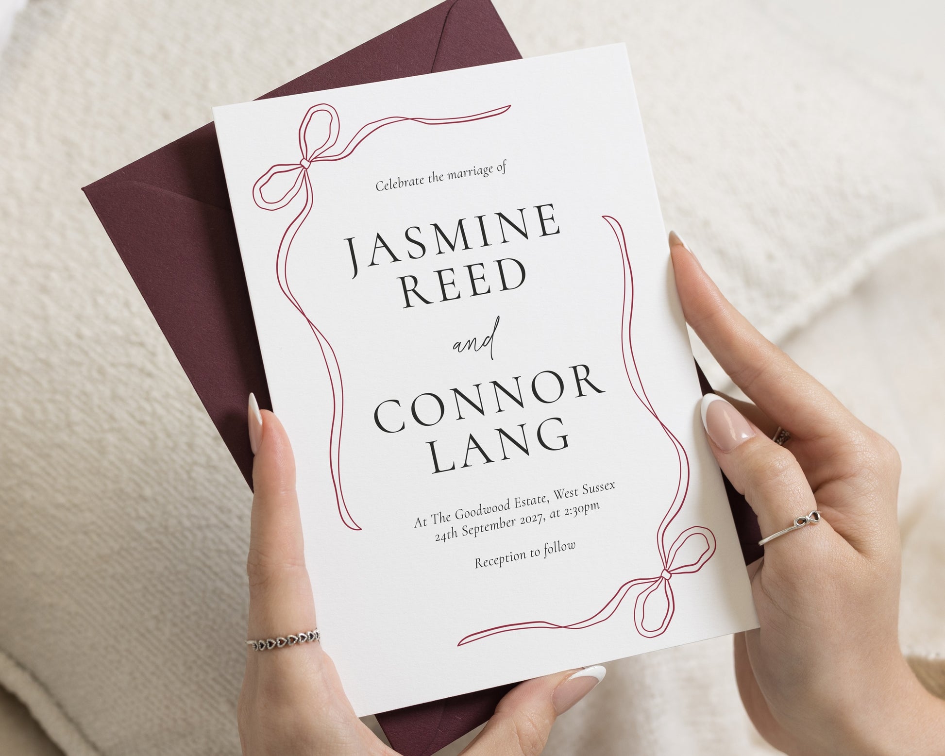 Burgundy Bow Wedding Invitations, Elegant Minimal Wedding Invite, Classic Personalised Wedding Invitation Suite
