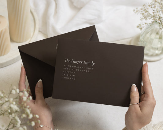 Dark Brown Envelopes with White Ink Guest or Return Address Printing, C6, 5x7 or C5 Wedding Invitation Envelopes (Cacao)