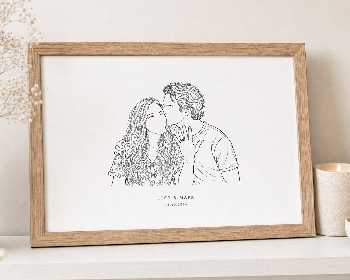 Personalised Line Art Print from Your Photo, Couple or Group Portrait, Wedding Date Print, Anniversary Gift, White Wall Art