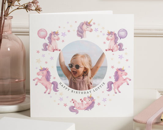 Personalised Birthday Card for Girl, Unicorn Birthday Card, Photo Birthday Card, Birthday Card for Daughter, Cute Birthday Cards