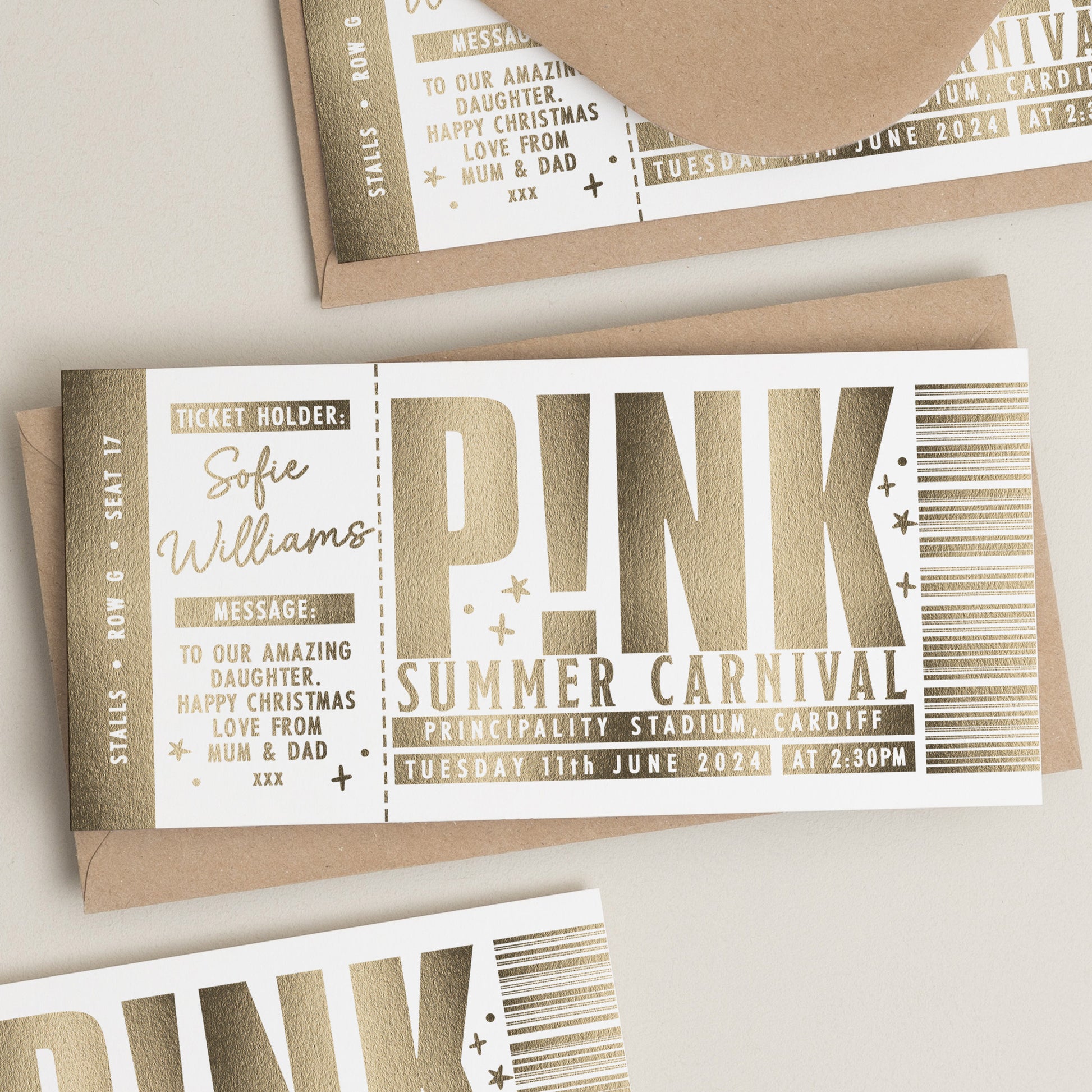 Personalised Gold Foil Gift Voucher, Pink Summer Carnival Concert Ticket Gift Voucher, Scratch Reveal Gift, Scratch To Reveal, Gig Ticket