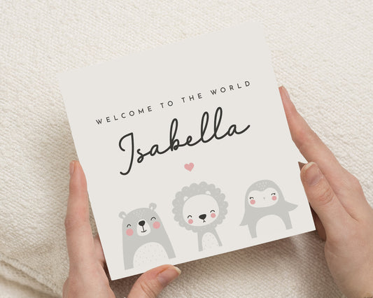 New Baby Card, Personalised Baby Card, Welcome To The World Card, Baby Girl Card, Animal Card, Cute New Baby Card, Baby Shower Card