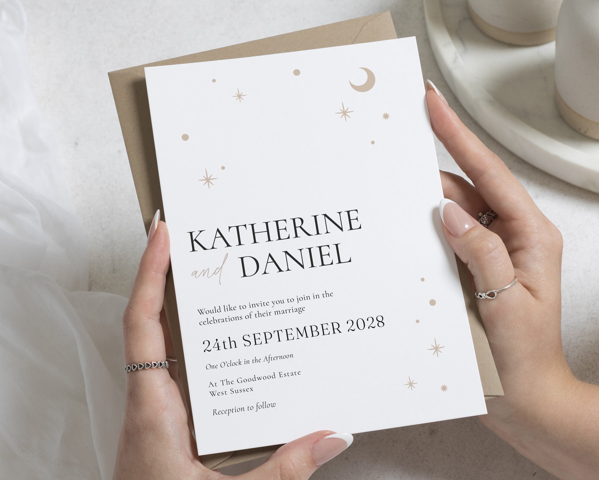 Celestial Wedding Invitations, Moon and Stars Wedding Invite, Minimalist Elegant Wedding Stationery, Personalised Invitation Suite