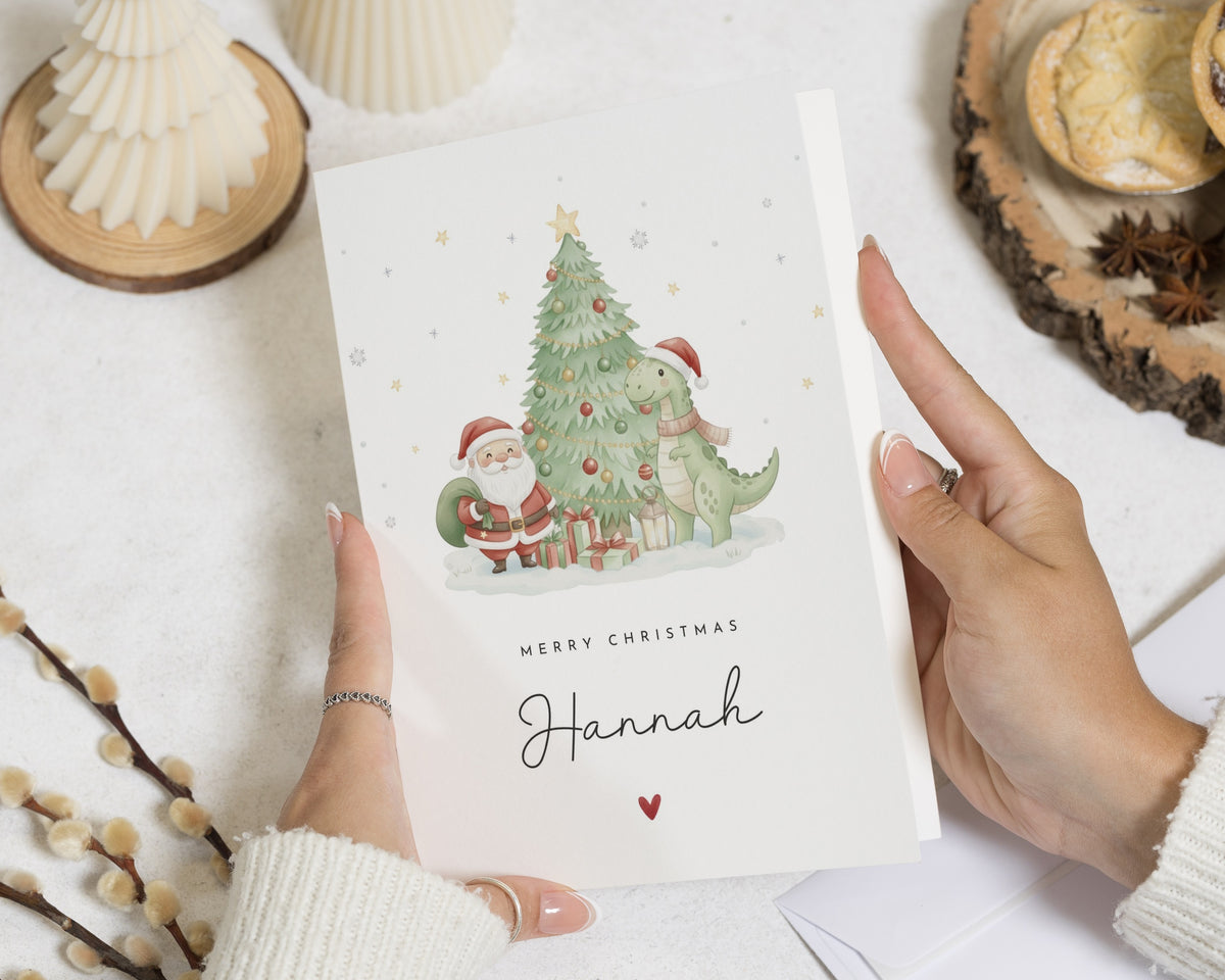 Personalised Christmas Card, Dinosaur Christmas Card for Kids, Cute Santa Christmas Card, Christmas Cards for Son or Daughter
