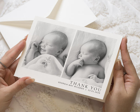 Folded Baby Thank You Cards, Monochrome Photo Folded Thank You Cards, Personalised New Baby Photo Thankyou Cards, Baby Announcement Cards