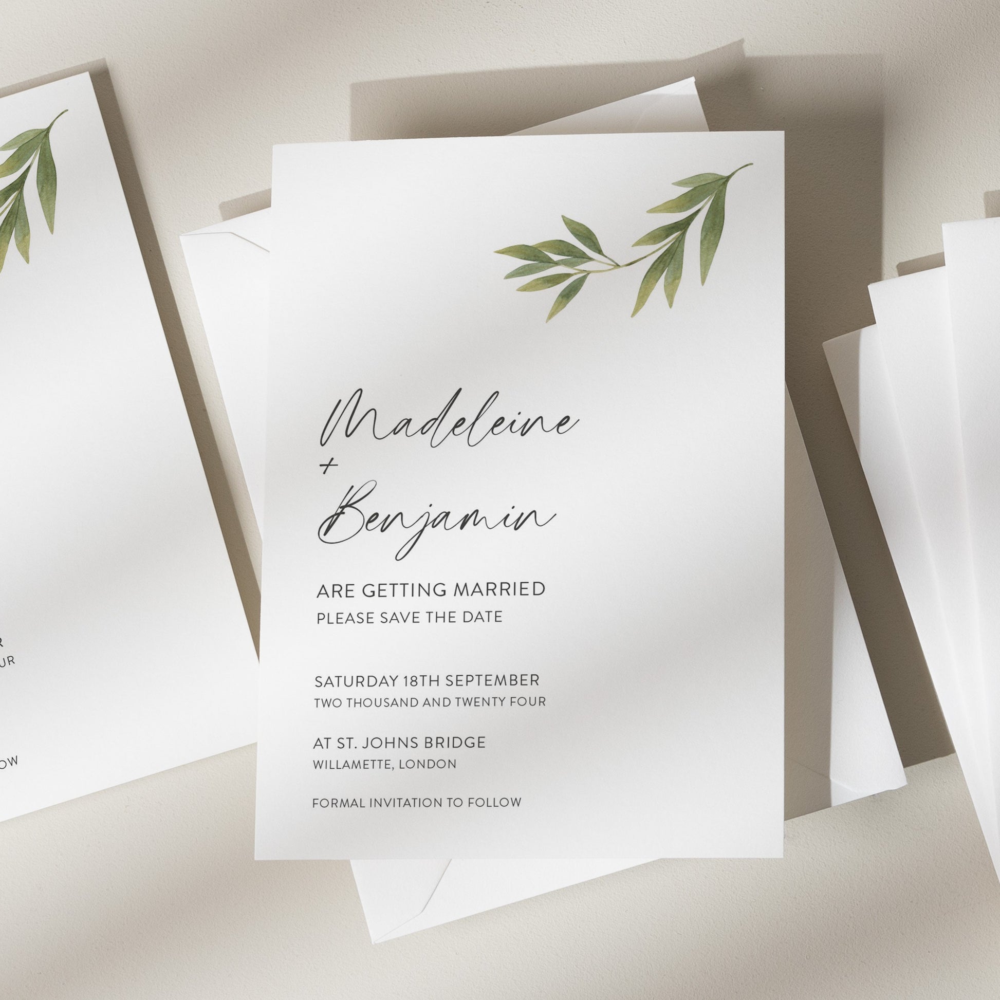 Floral Wedding Save The Date Cards, Botanical Save The Dates With Green Floral, Greenery Save The Date Cards For Guests &#39;Madeleine&#39;