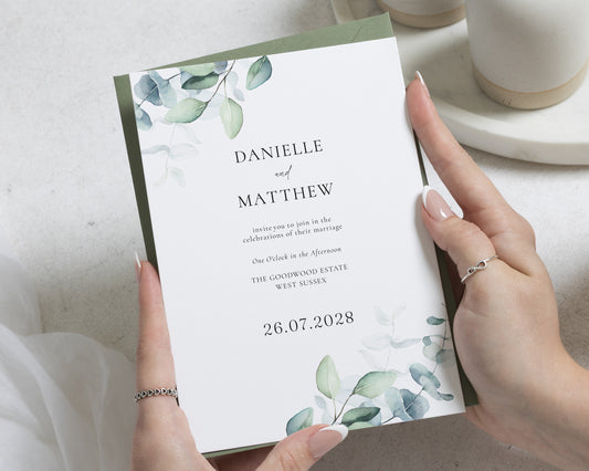 Greenery Wedding Invitations, Sage Green Botanical Wedding Invites, Eucalyptus Watercolour Personalised Wedding Invitation Suite
