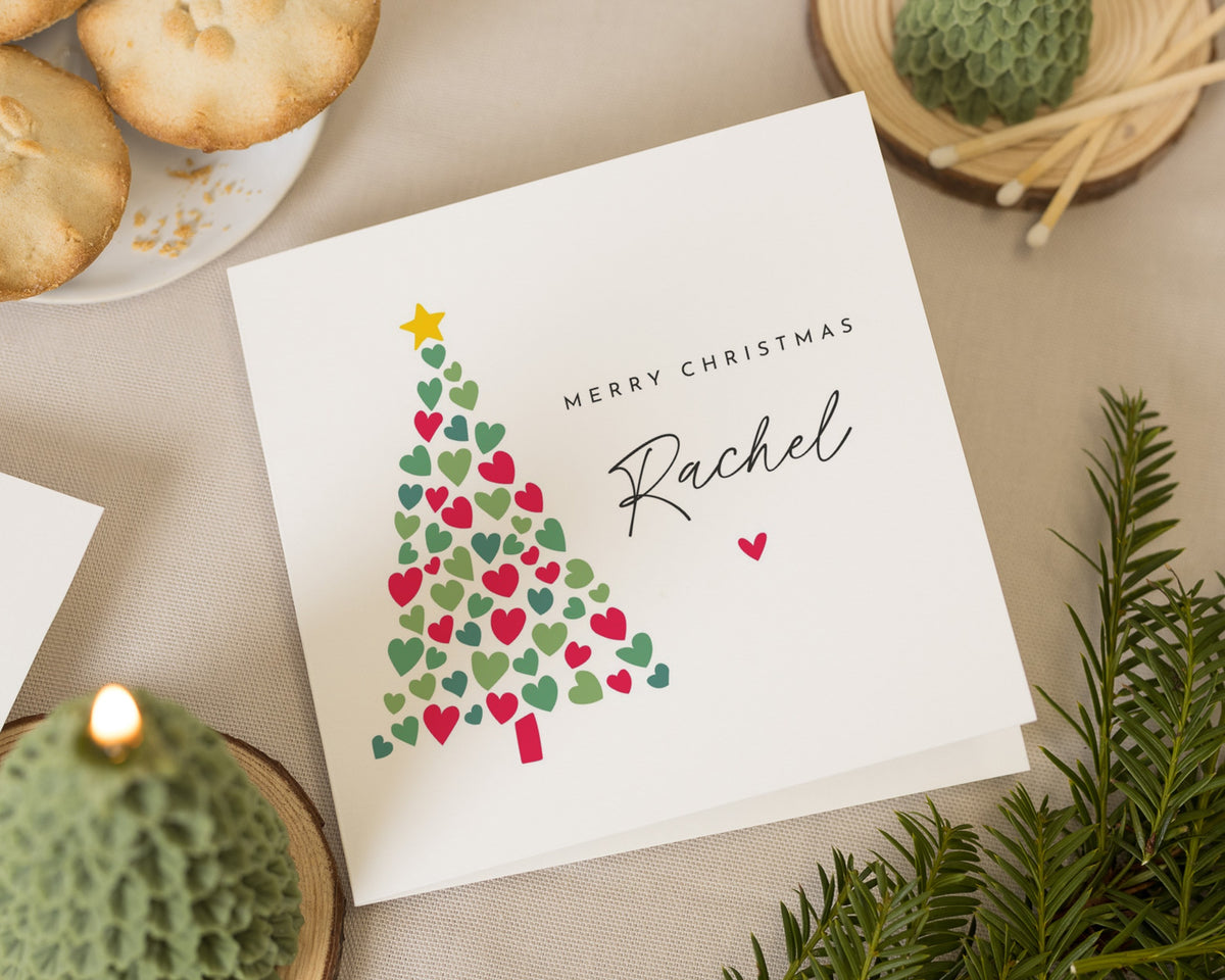 Personalised Christmas Card, Christmas Card for Her, Custom Xmas Card, Merry Christmas Card, Cute Heart Christmas Tree Card