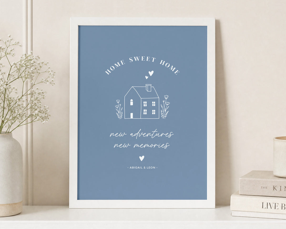 Personalised New Home Print, Blue Wall Art, Home Sweet Home Gift, House Warming Gift, First Home Gift, Couple Gift, White Framed Print