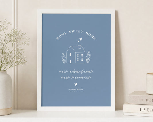 Personalised New Home Print, Blue Wall Art, Home Sweet Home Gift, House Warming Gift, First Home Gift, Couple Gift, White Framed Print