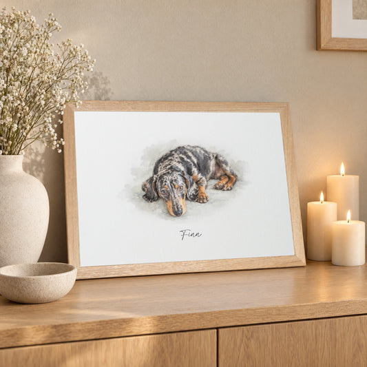 Personalised Pet Portrait From Photo, Custom Watercolour Dog Print, Pet Owner Gift, Dog Lover Gift, Landscape Oak Framed Print