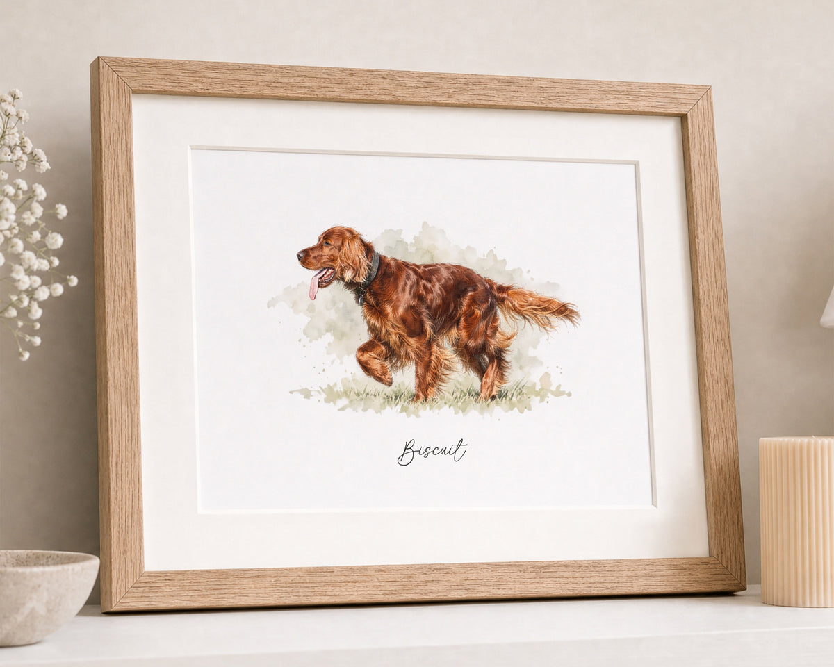 Personalised Dog or Pet Name Print from Your Photo, Watercolour Pet Portrait, Dog Lover Gift, Custom Wall Art, Oak Framed Print With Mount