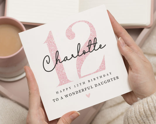 12th Birthday Card for Daughter, Personalised Birthday Card, Birthday Card for Girl, Pink Glitter Age Card, Birthday Card for Her